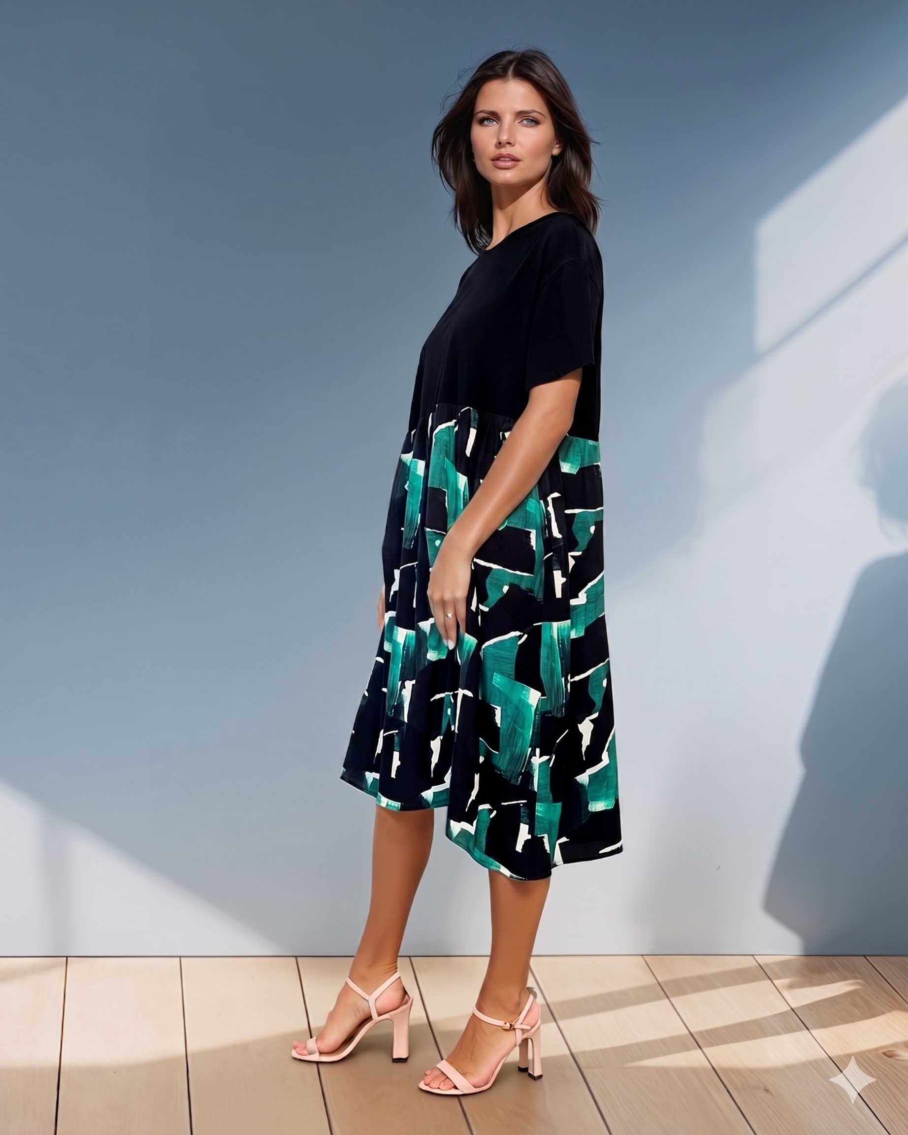 Rochie largă cu mânecă scurtă și print geometric verde PR876