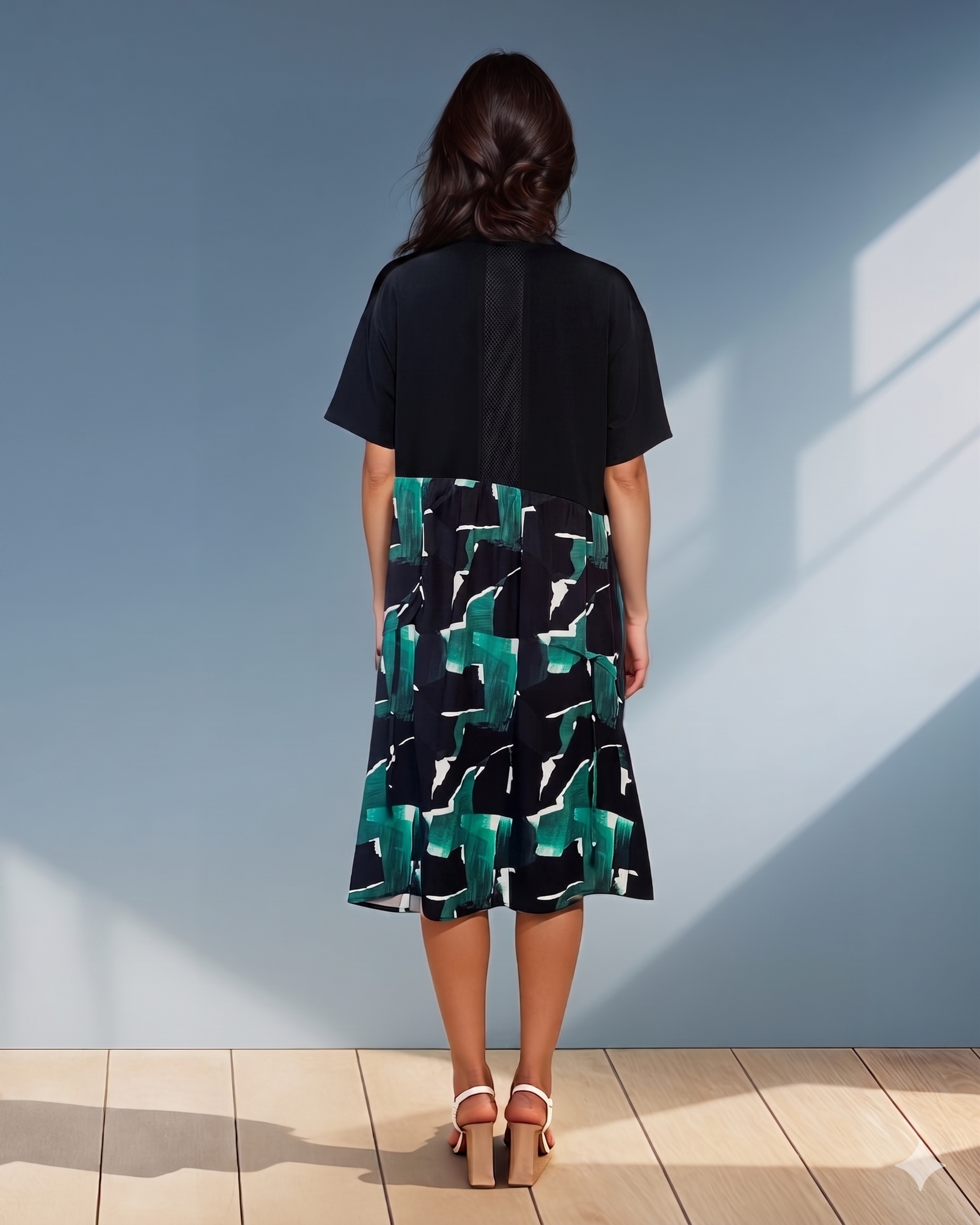 Rochie largă cu mânecă scurtă și print geometric verde PR876