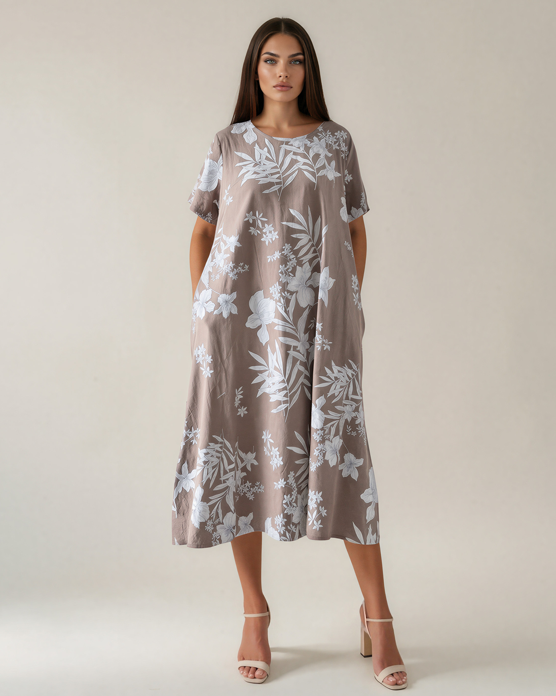 Rochie largă cu print floral și buzunare grej PR993