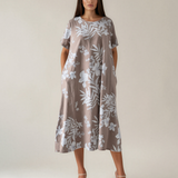 Rochie largă cu print floral și buzunare grej PR993