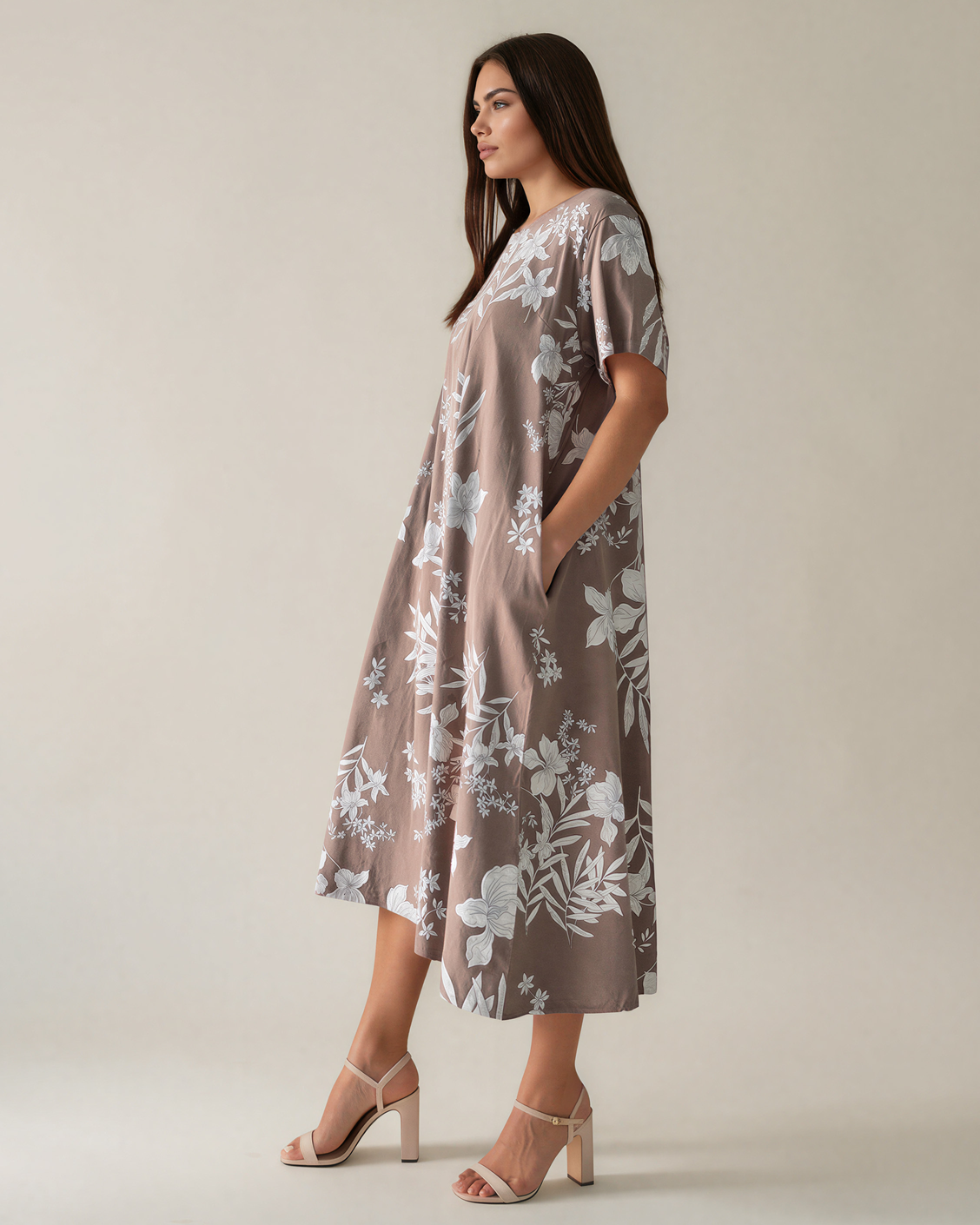 Rochie largă cu print floral și buzunare grej PR993