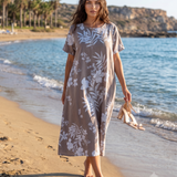 Rochie largă cu print floral și buzunare grej PR993