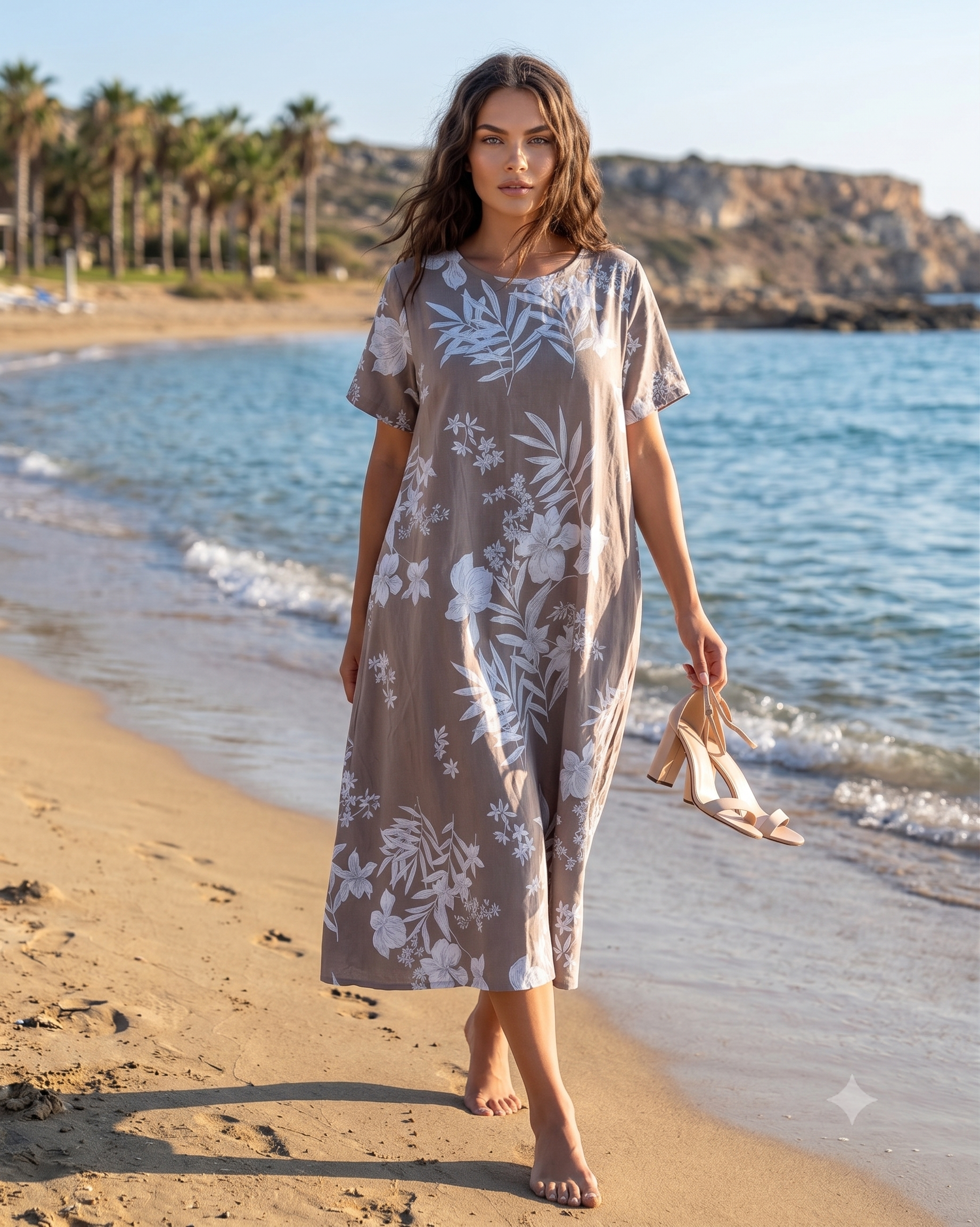 Rochie largă cu print floral și buzunare grej PR993