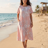 Rochie largă cu print floral și buzunare roz PR993