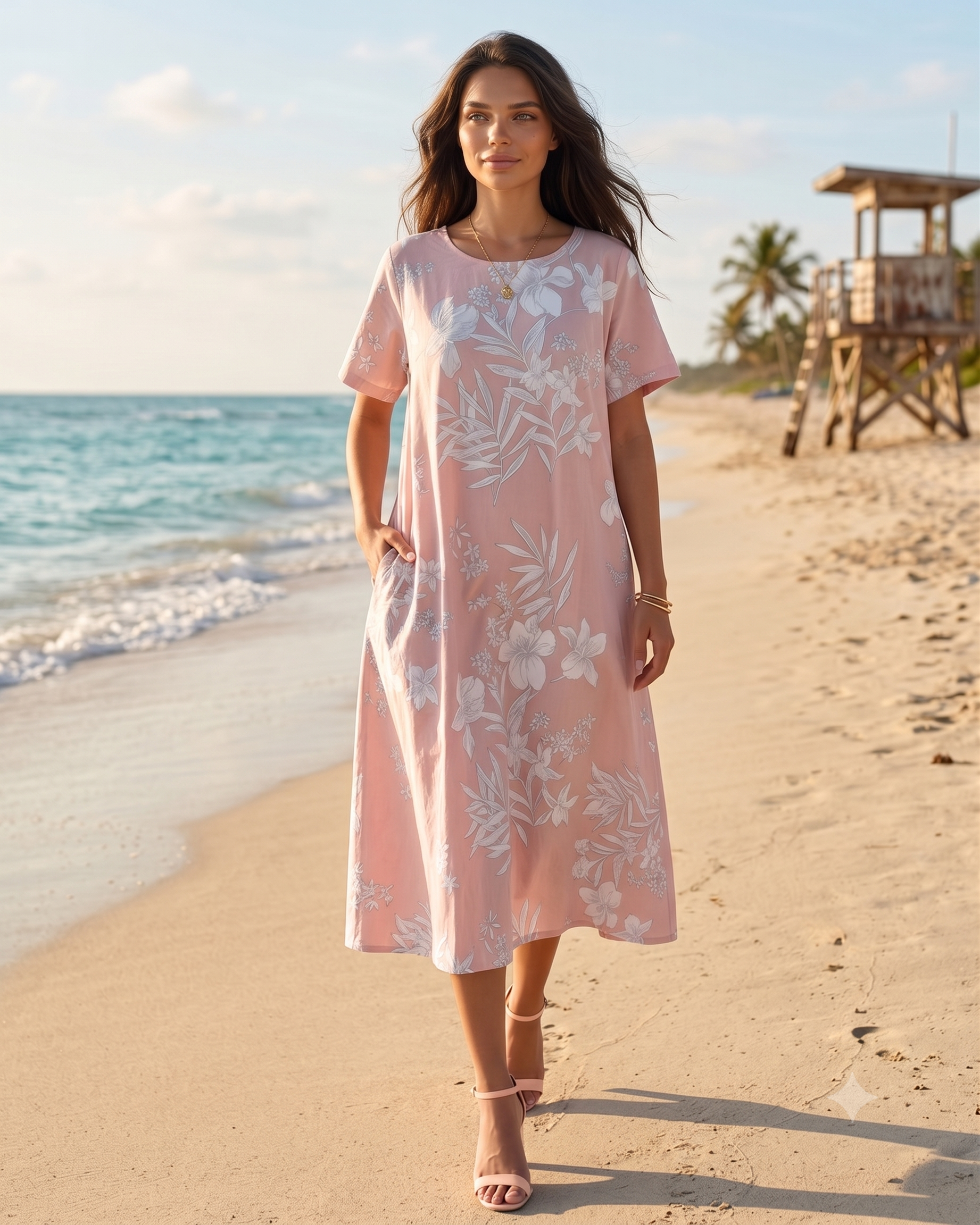 Rochie largă cu print floral și buzunare roz PR993