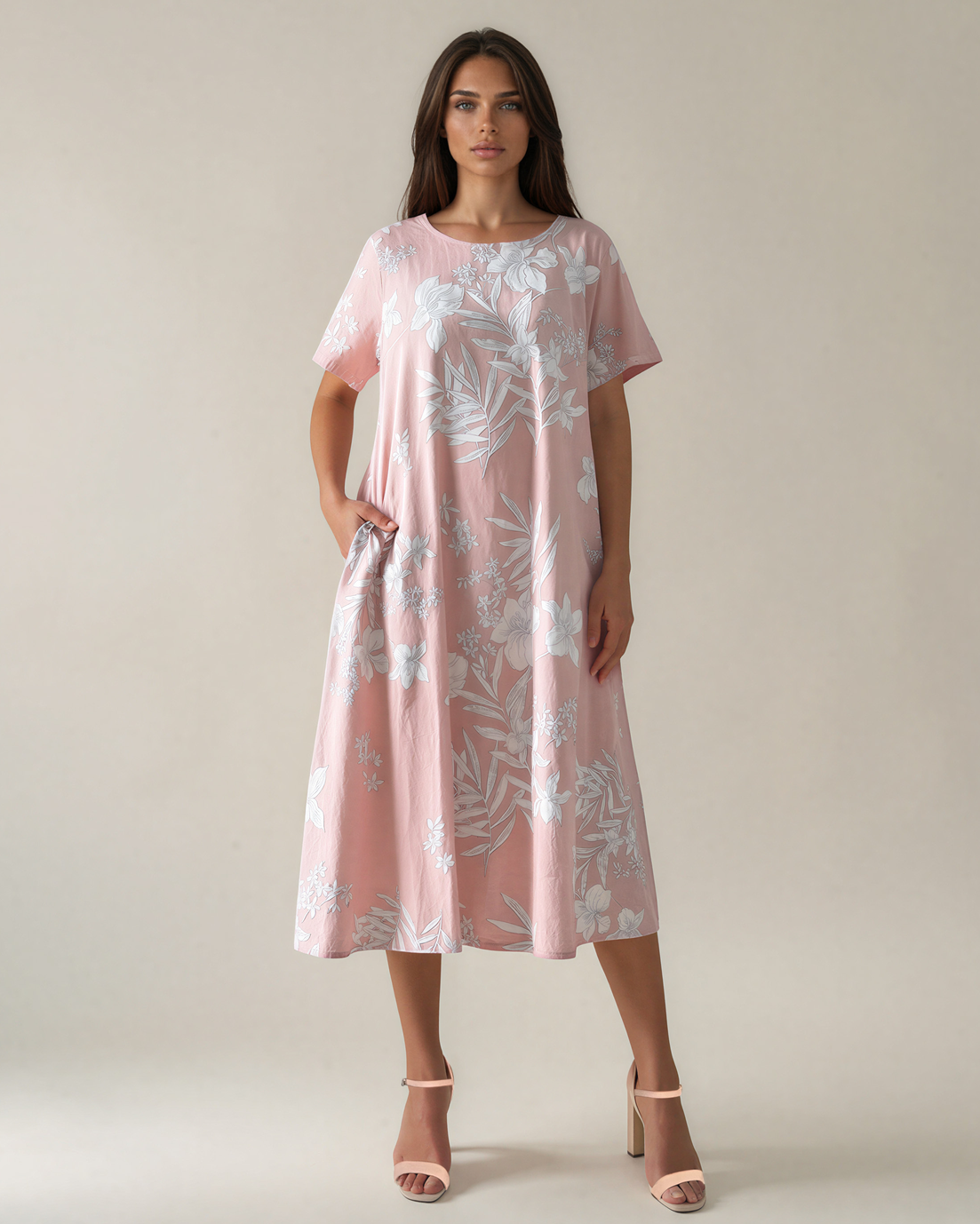 Rochie largă cu print floral și buzunare roz PR993