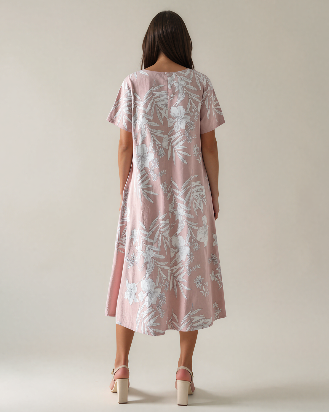 Rochie largă cu print floral și buzunare roz PR993