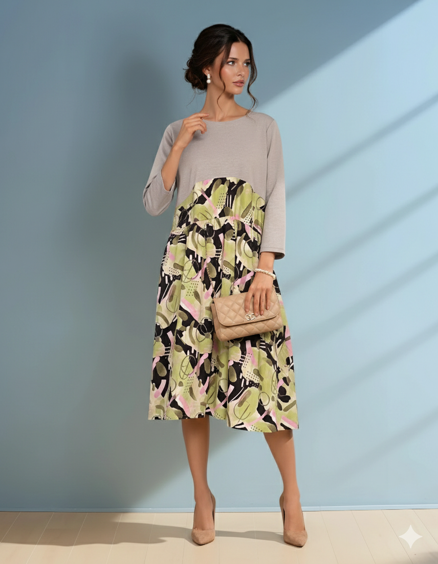 Rochie largă cu print la poale și mânecă 3/4 gri 