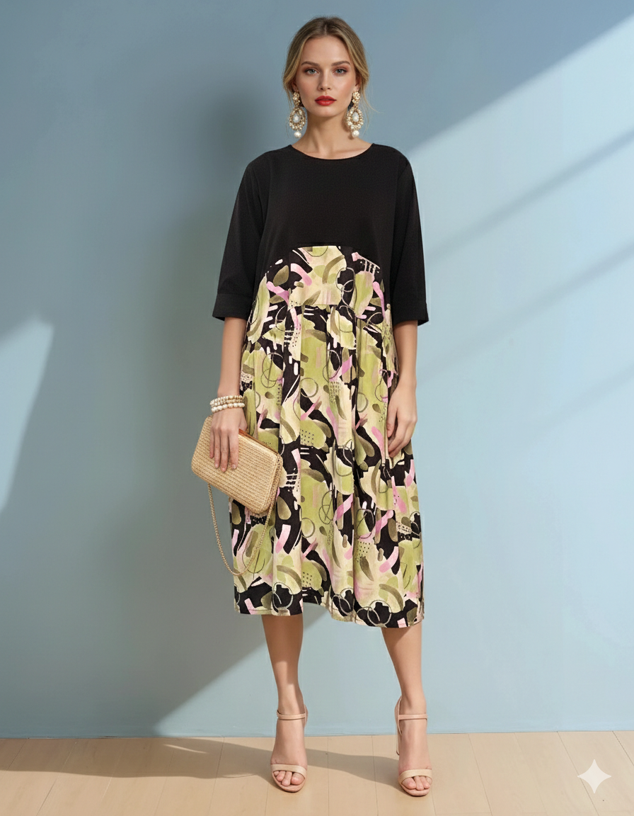 Rochie largă cu print la poale și mânecă 3/4 negru 