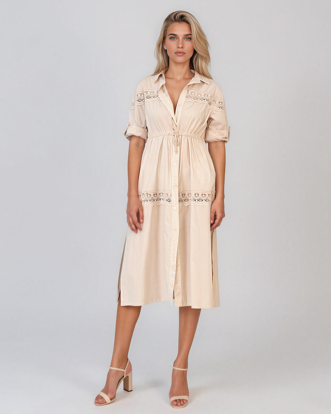 Rochie largă cu șiret în talie și broderie crem PR998