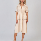 Rochie largă cu șiret în talie și broderie crem PR998