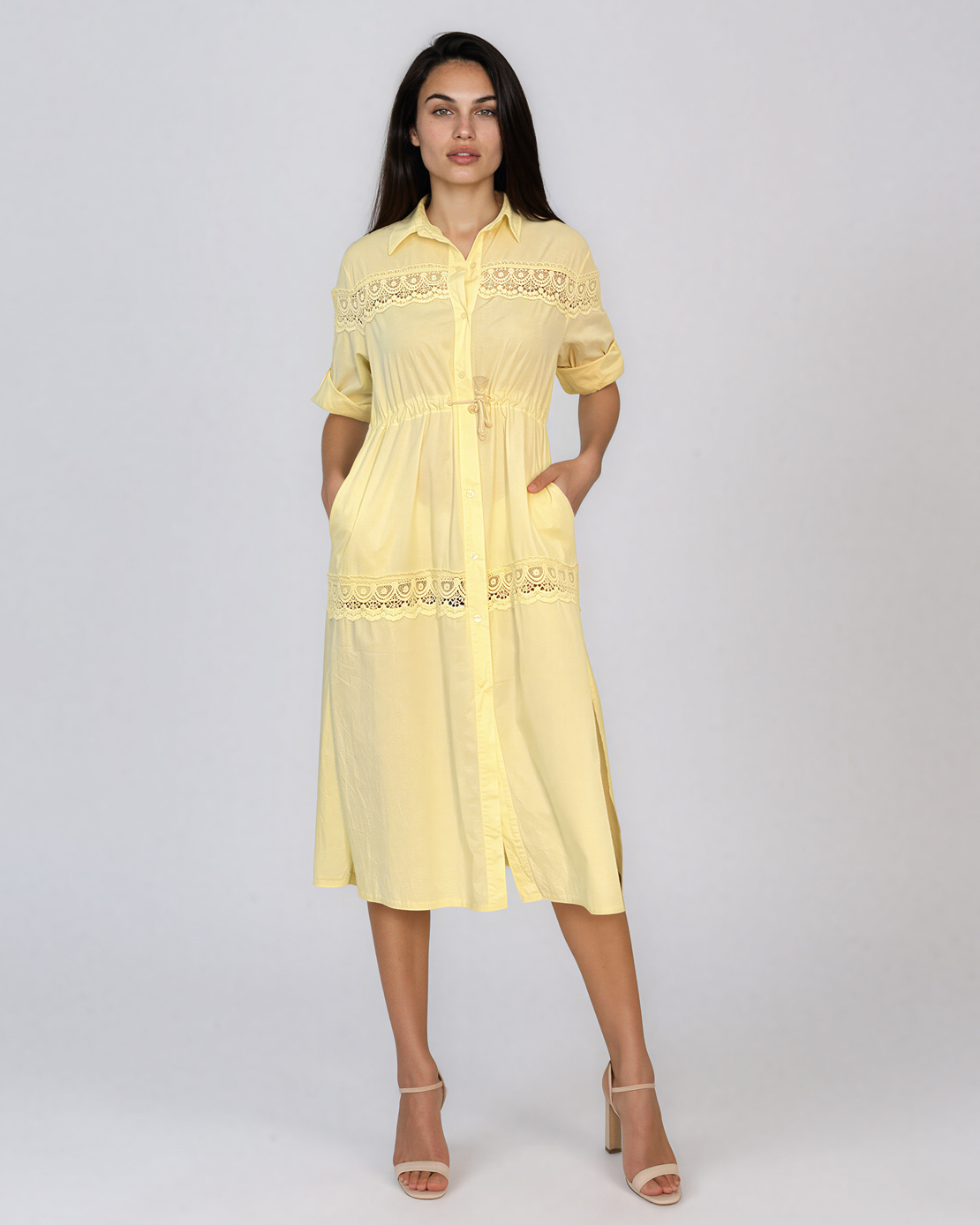Rochie largă cu șiret în talie și broderie galben PR998