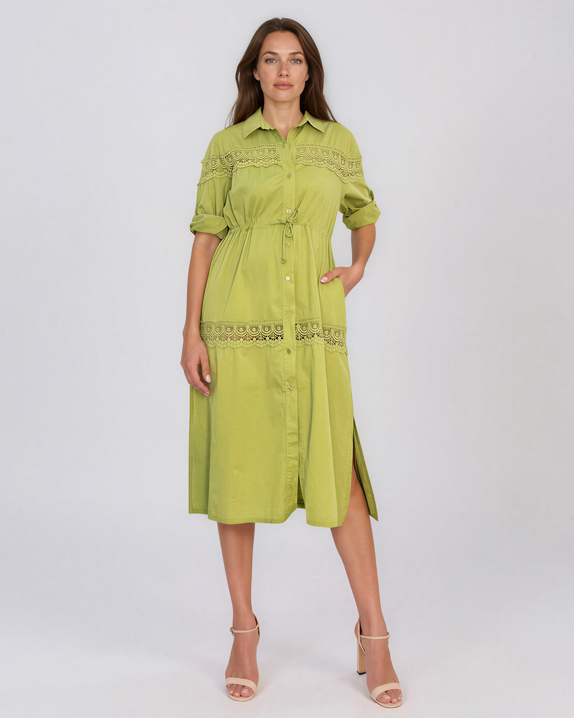 Rochie largă cu șiret în talie și broderie vernil PR998
