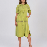Rochie largă cu șiret în talie și broderie vernil PR998