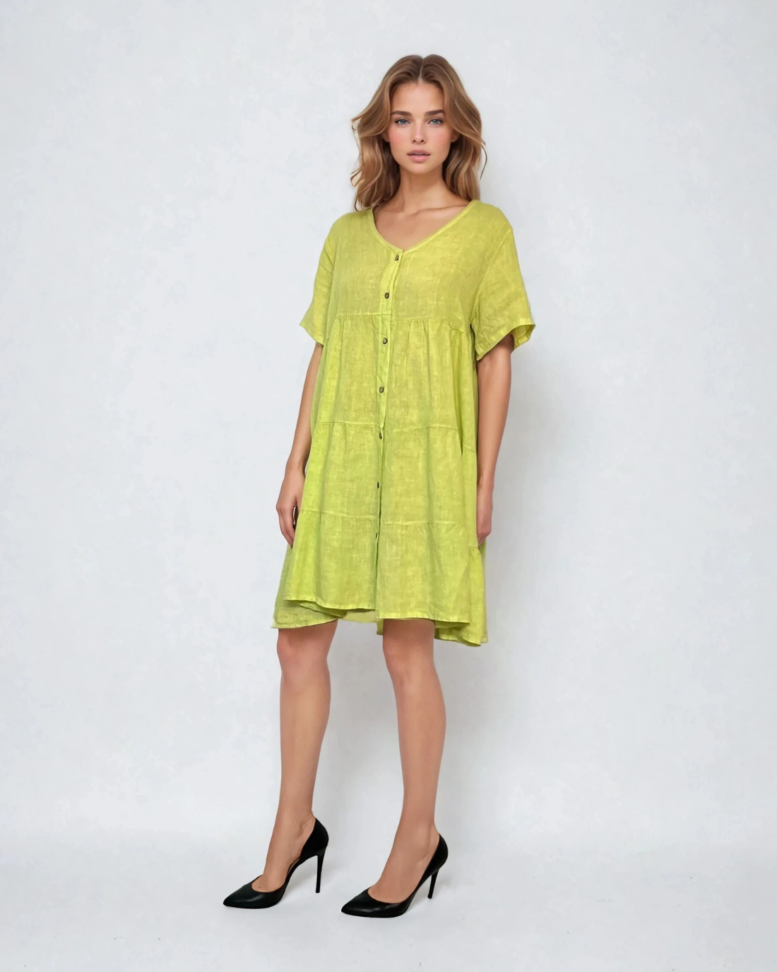 Rochie largă din in tip baby doll vernil 