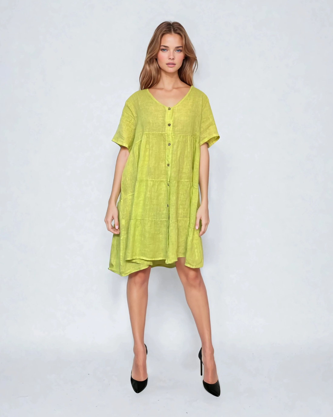 Rochie largă din in tip baby doll vernil 