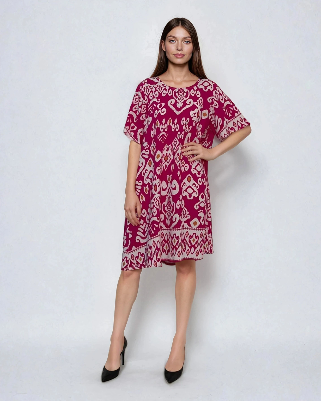 Rochie largă din vâscoză cu print oriental ciclam 