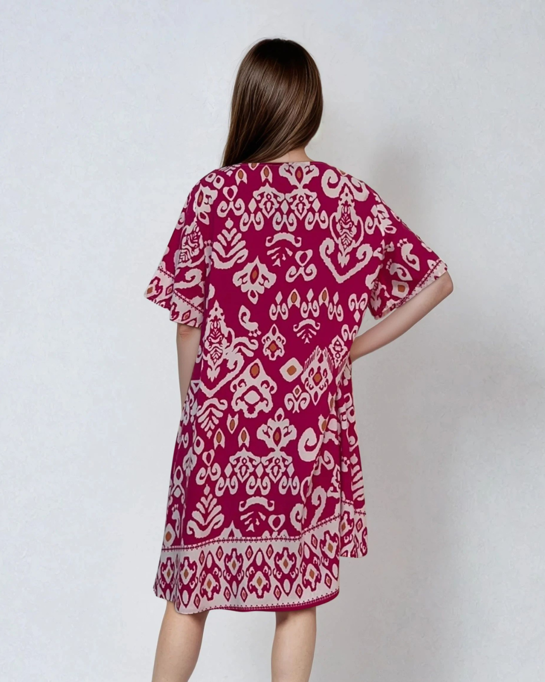 Rochie largă din vâscoză cu print oriental ciclam 