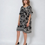 Rochie largă din vâscoză cu print oriental negru 