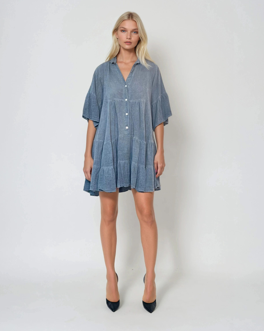 Rochie lejeră babydoll cu mânecă clopot bleumarin 