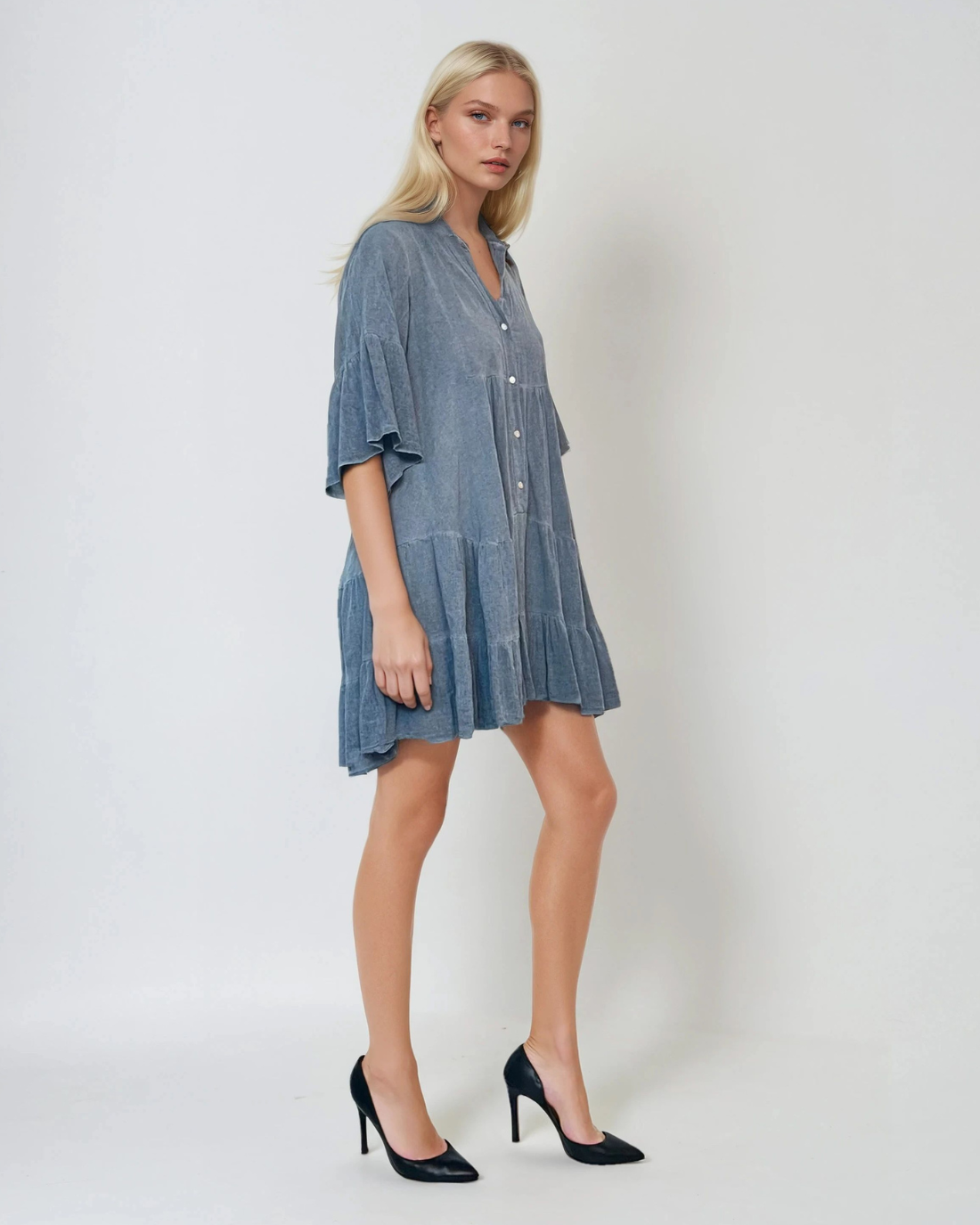 Rochie lejeră babydoll cu mânecă clopot bleumarin 