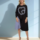 Rochie lungă albastru din bumbac cu inserție și floare din organza cu perle albastru 