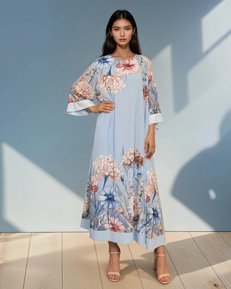 Rochie lungă batal din voal cu imprimeu floral bleu HL044