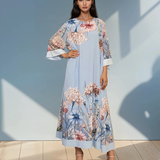 Rochie lungă batal din voal cu imprimeu floral bleu HL044