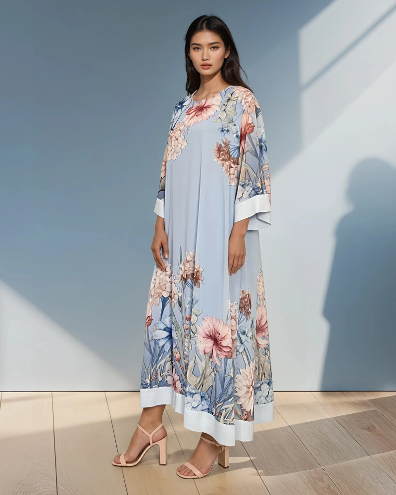 Rochie lungă batal din voal cu imprimeu floral bleu HL044
