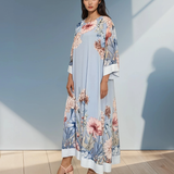 Rochie lungă batal din voal cu imprimeu floral bleu HL044