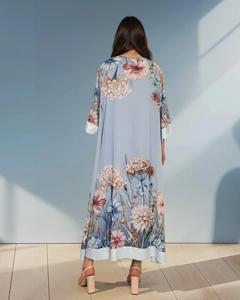Rochie lungă batal din voal cu imprimeu floral bleu HL044