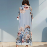 Rochie lungă batal din voal cu imprimeu floral bleu HL044