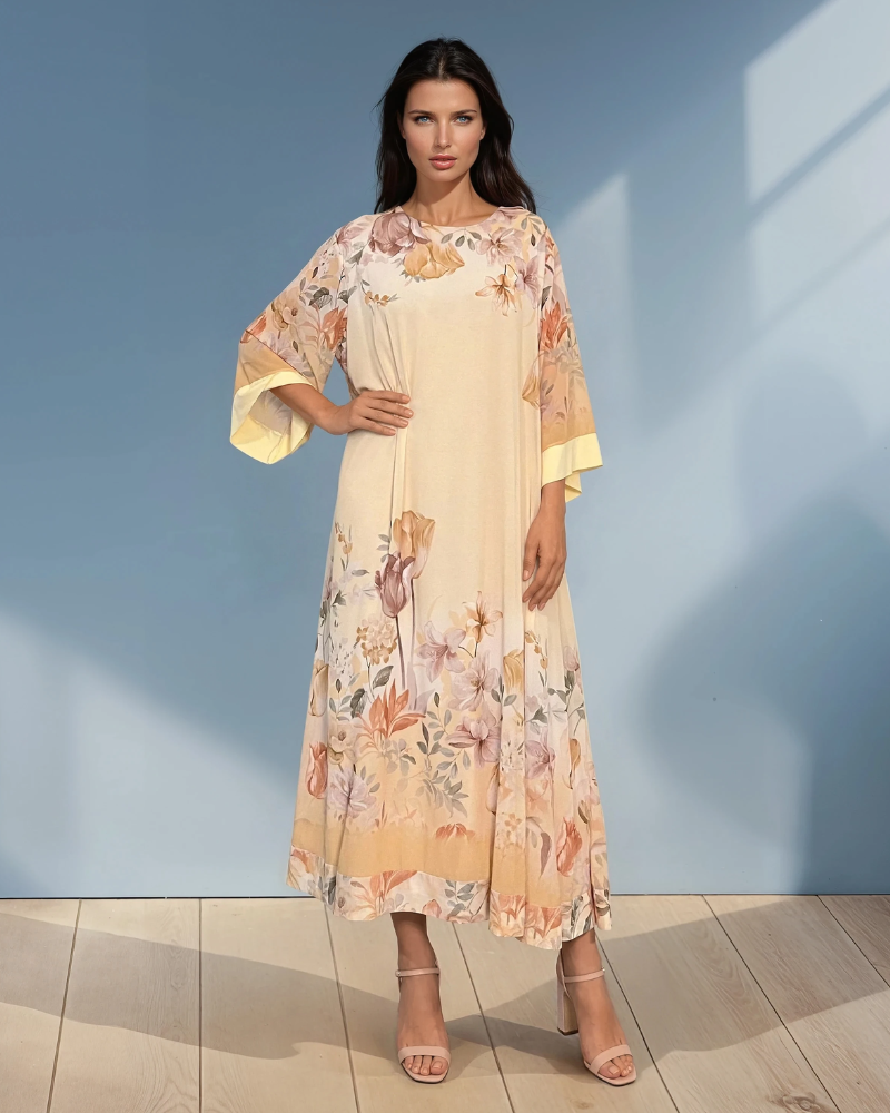 Rochie lungă batal din voal cu imprimeu floral galben HL044