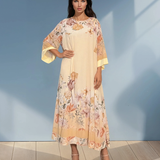Rochie lungă batal din voal cu imprimeu floral galben HL044
