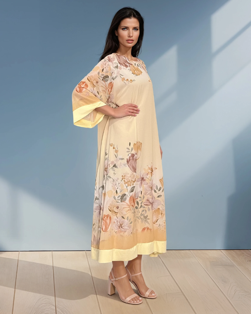 Rochie lungă batal din voal cu imprimeu floral galben HL044