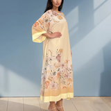 Rochie lungă batal din voal cu imprimeu floral galben HL044