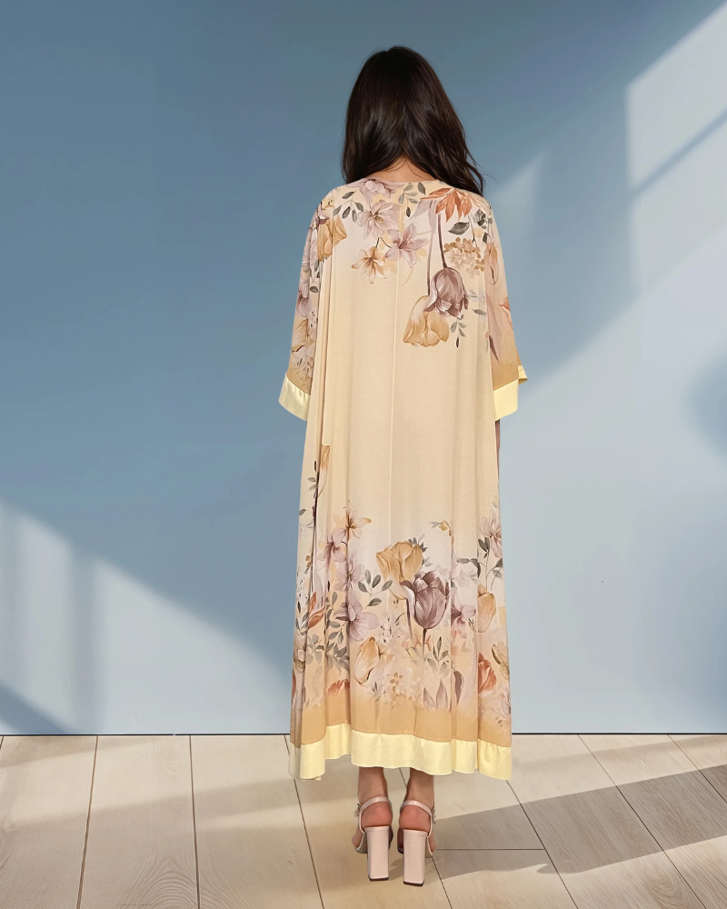 Rochie lungă batal din voal cu imprimeu floral galben HL044