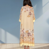Rochie lungă batal din voal cu imprimeu floral galben HL044