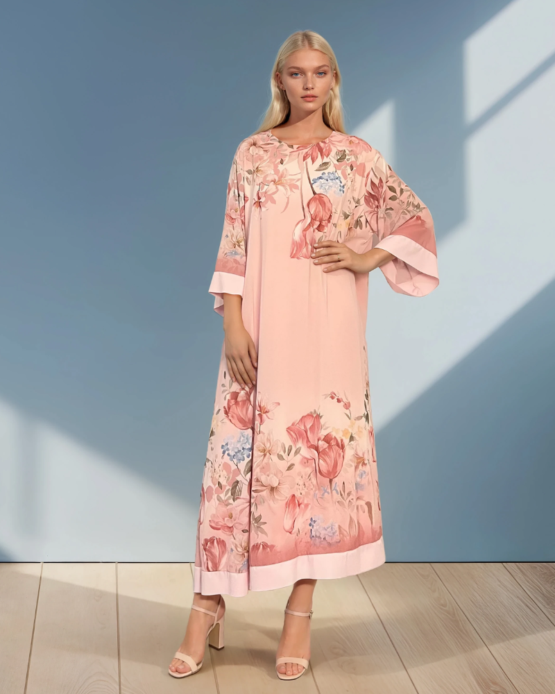 Rochie lungă batal din voal cu imprimeu floral roz HL044