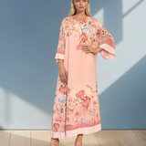 Rochie lungă batal din voal cu imprimeu floral roz HL044