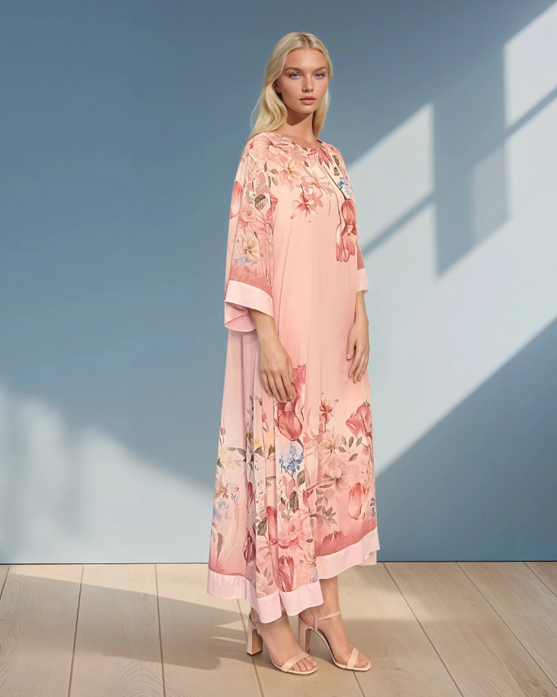 Rochie lungă batal din voal cu imprimeu floral roz HL044
