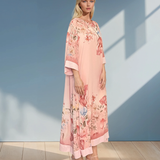Rochie lungă batal din voal cu imprimeu floral roz HL044
