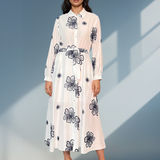 Rochie lungă brodată cu flori alb-bleumarin HL067