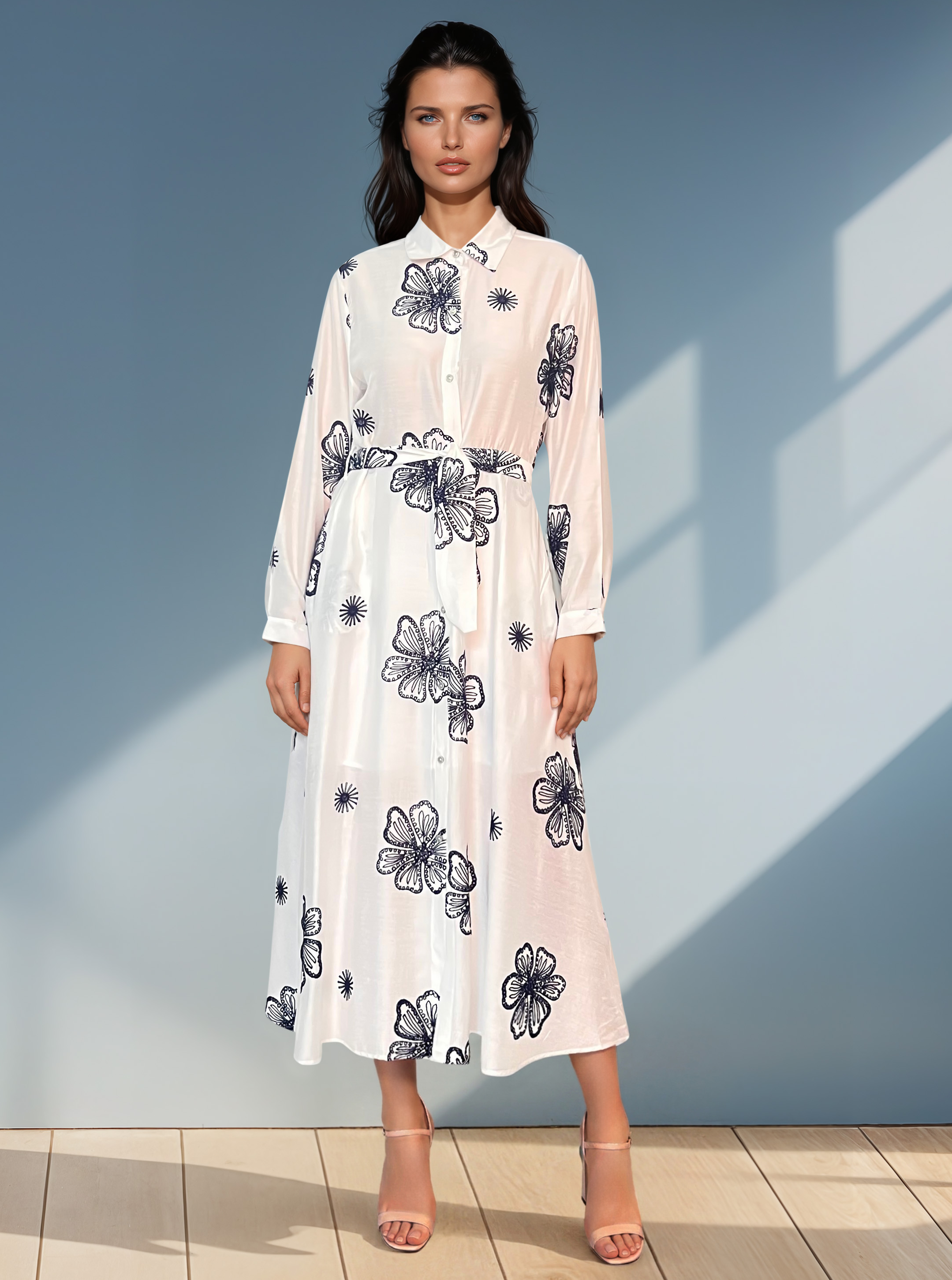 Rochie lungă brodată cu flori alb-bleumarin HL067