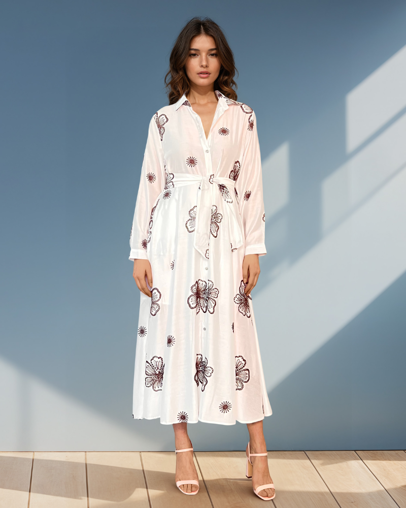 Rochie lungă brodată cu flori alb-maro HL067