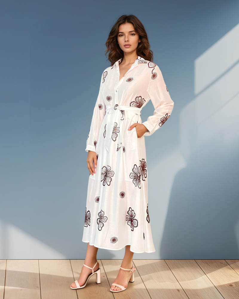 Rochie lungă brodată cu flori alb-maro HL067