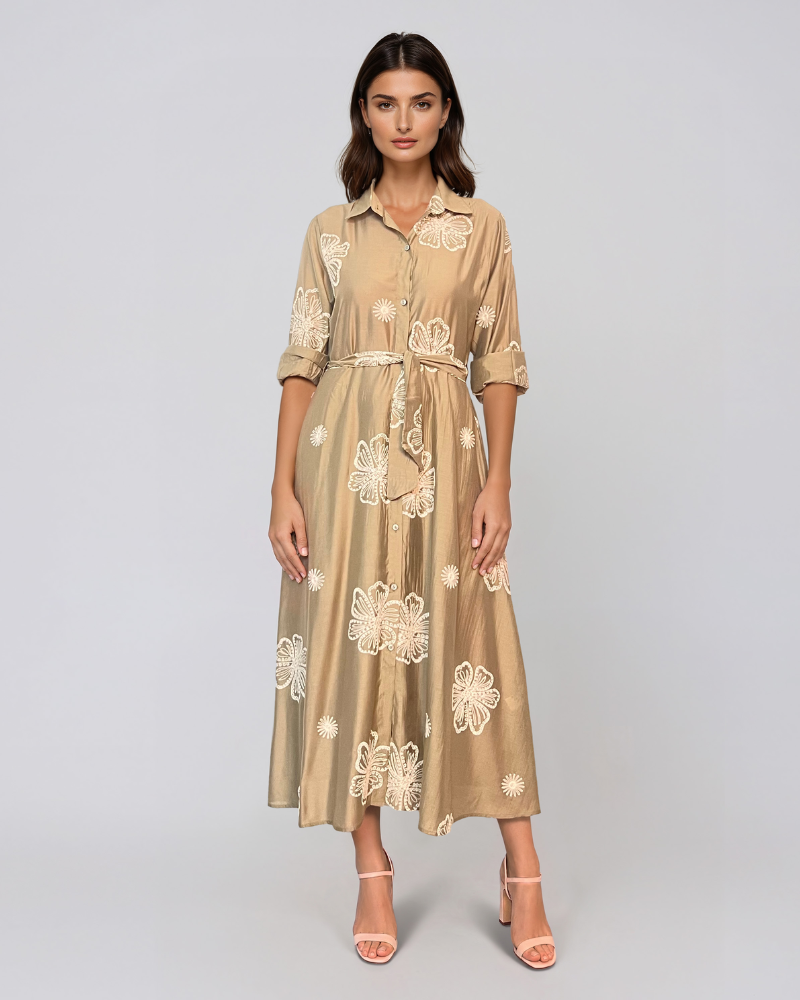 Rochie lungă brodată cu flori kaki HL067