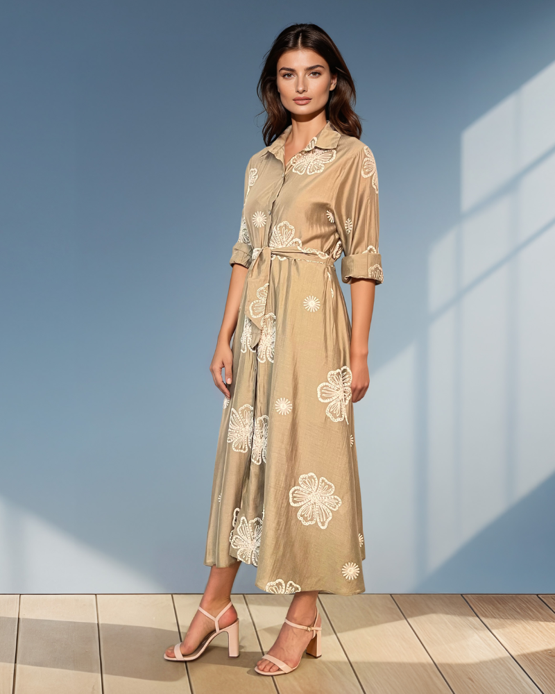 Rochie lungă brodată cu flori kaki HL067