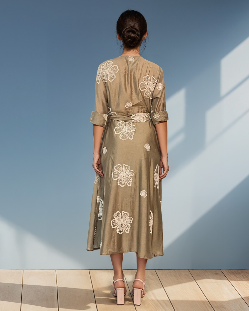 Rochie lungă brodată cu flori kaki HL067
