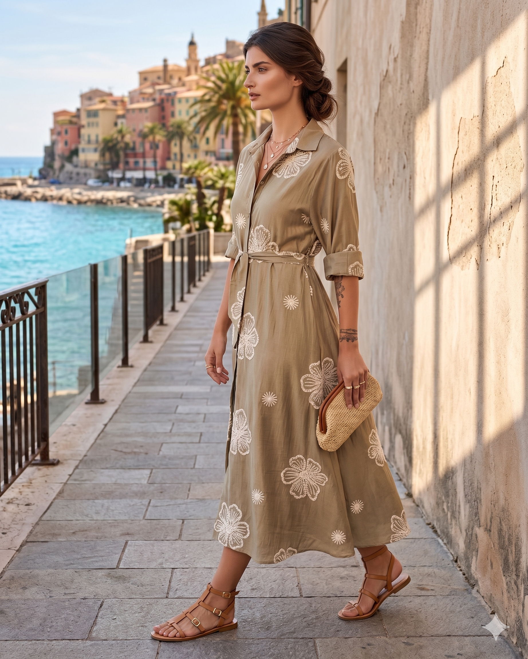 Rochie lungă brodată cu flori kaki HL067
